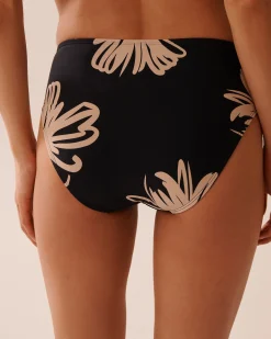 BLACK HIBISCUS Mid Waist Bikini Bottom
