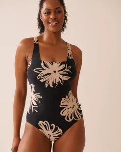 BLACK HIBISCUS Square Neck One-piece Swimsuit