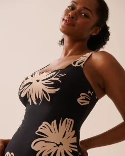 BLACK HIBISCUS Square Neck One-piece Swimsuit