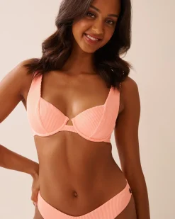 CORAL PINK Ribbed Plunge Bikini Top