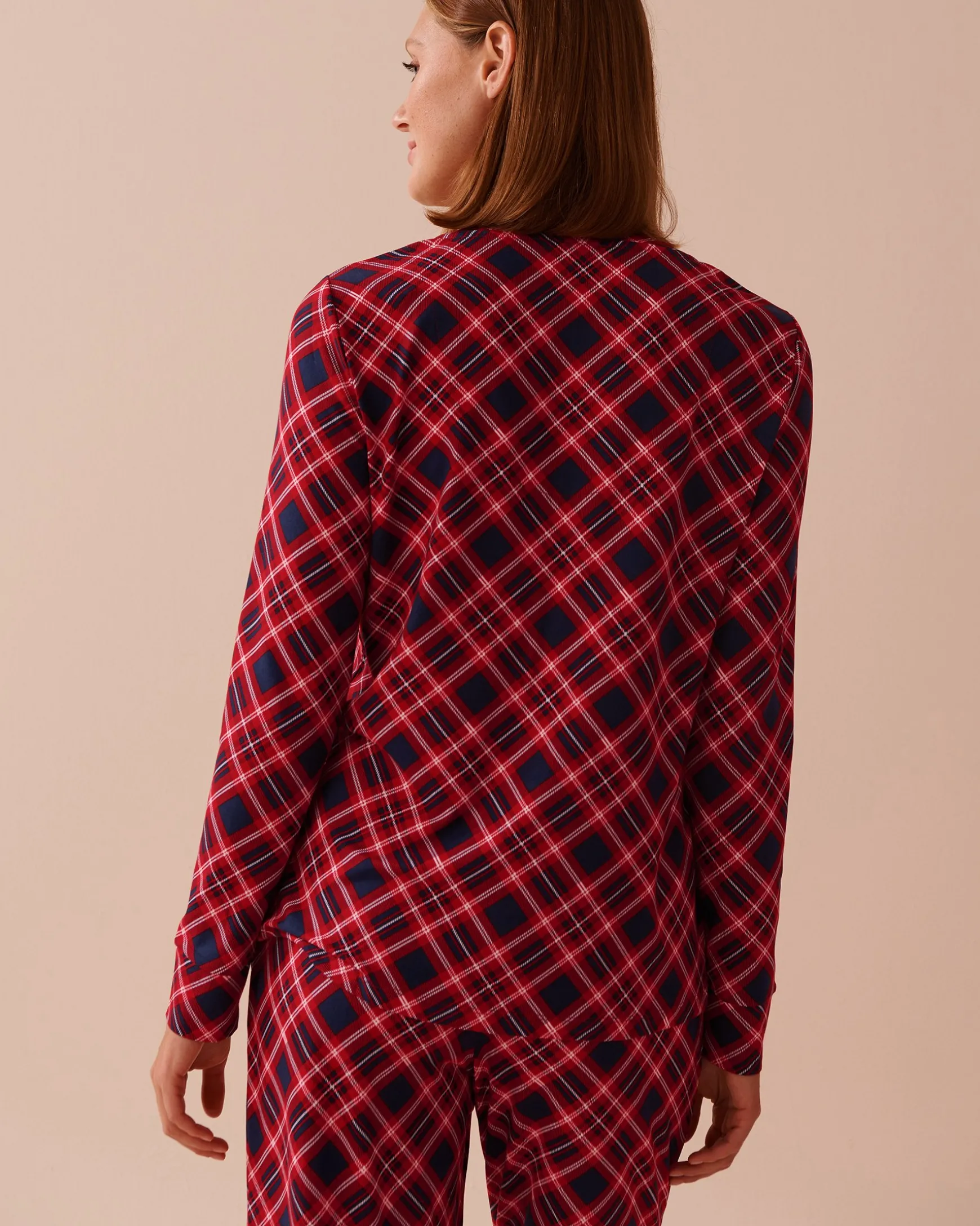 Diagonal Plaid Super Soft V-neck Button-front Top
