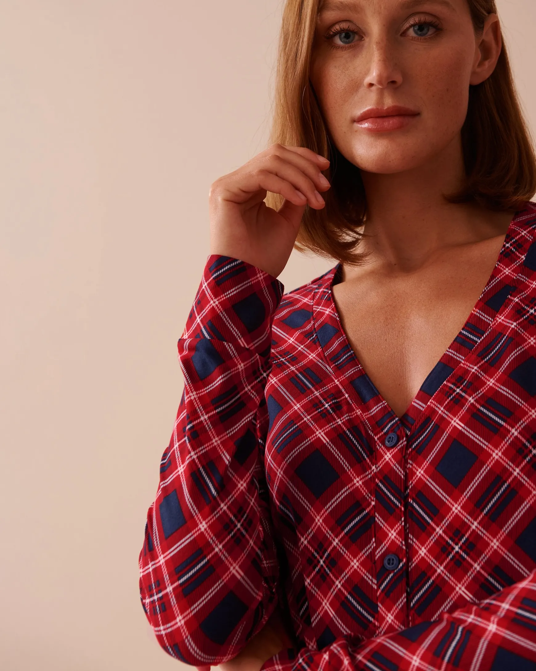 Diagonal Plaid Super Soft V-neck Button-front Top