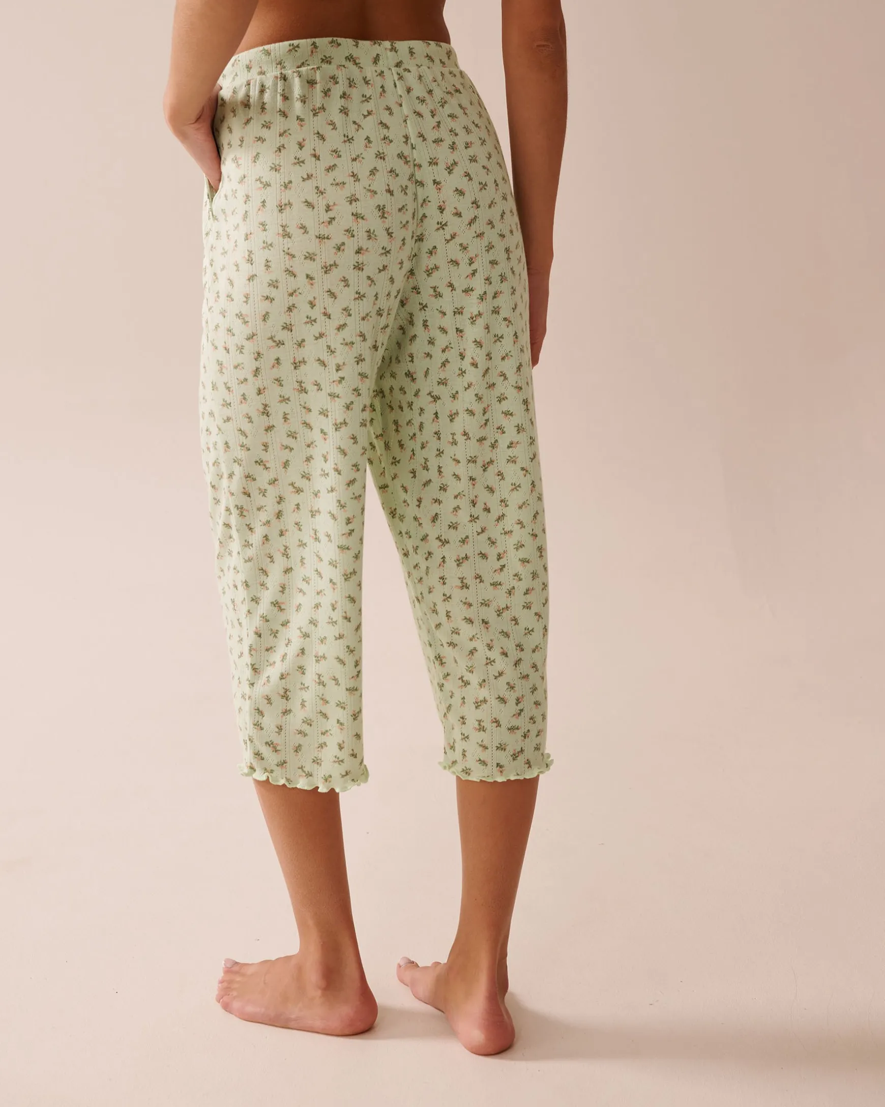 Ditsy Floral Print Lettuce Edge Pointelle Pajama Capris
