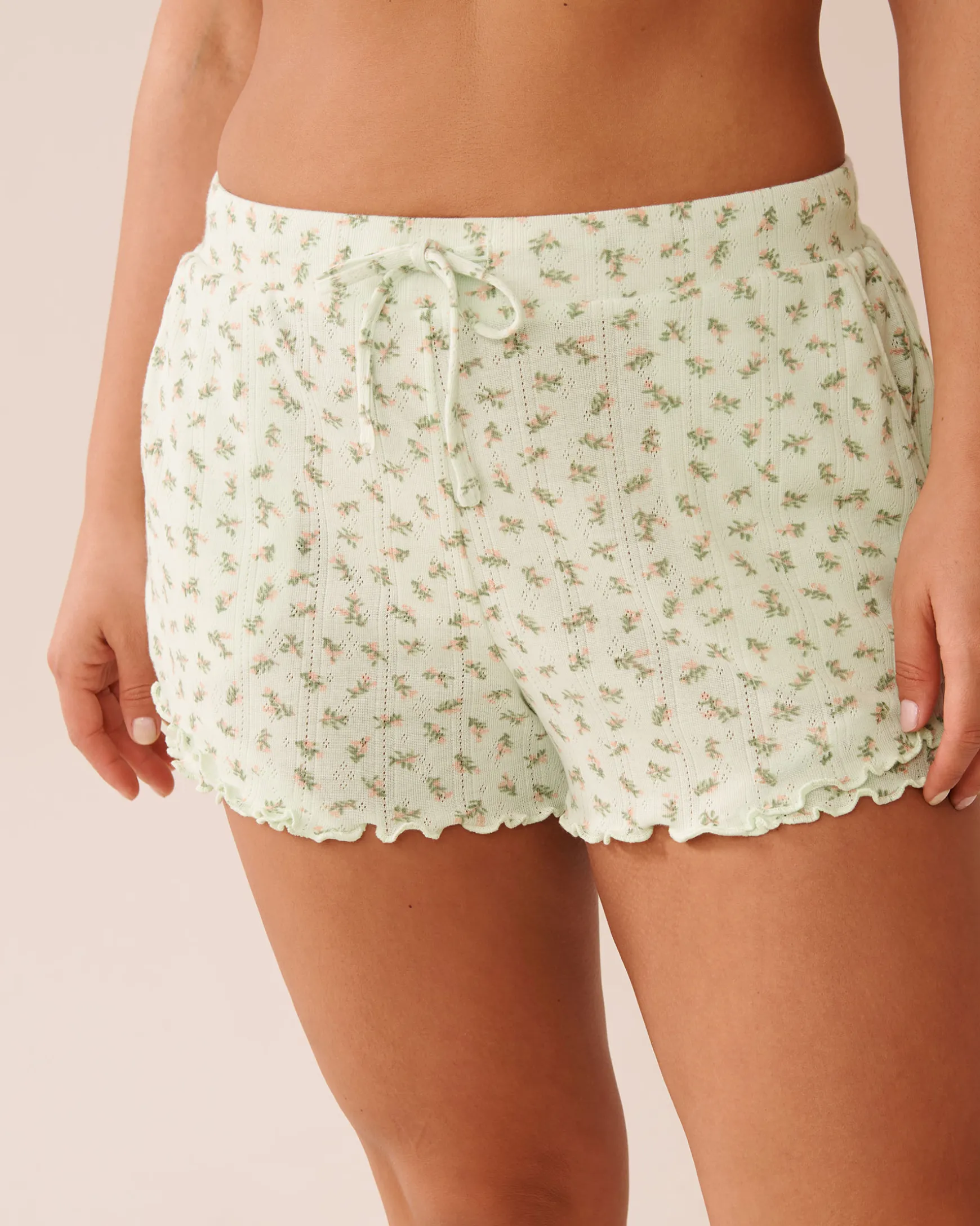 Ditsy Floral Print Lettuce Edge Pointelle Pajama Shorts