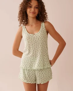Ditsy Floral Print Lettuce Edge Pointelle Cami