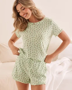 Ditsy Floral Print Lettuce Edge Pointelle T-shirt