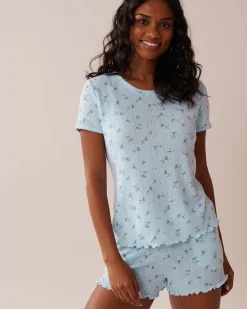 Floral Print Lettuce Edge Pointelle T-shirt