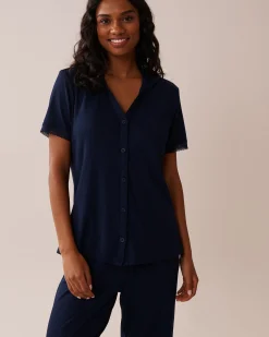 Lace Trim Ribbed Jersey Button-down Shirt
