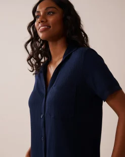 Lace Trim Ribbed Jersey Button-down Shirt
