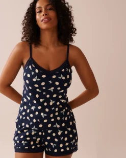 Lemon Print Lace Trim Ribbed Jersey Cami