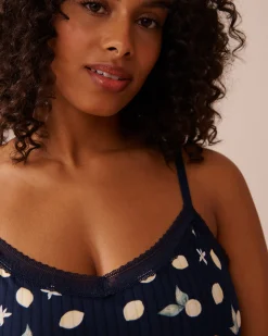 Lemon Print Lace Trim Ribbed Jersey Cami