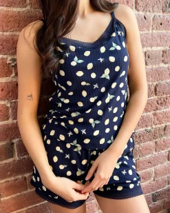 Lemon Print Lace Trim Ribbed Jersey Cami