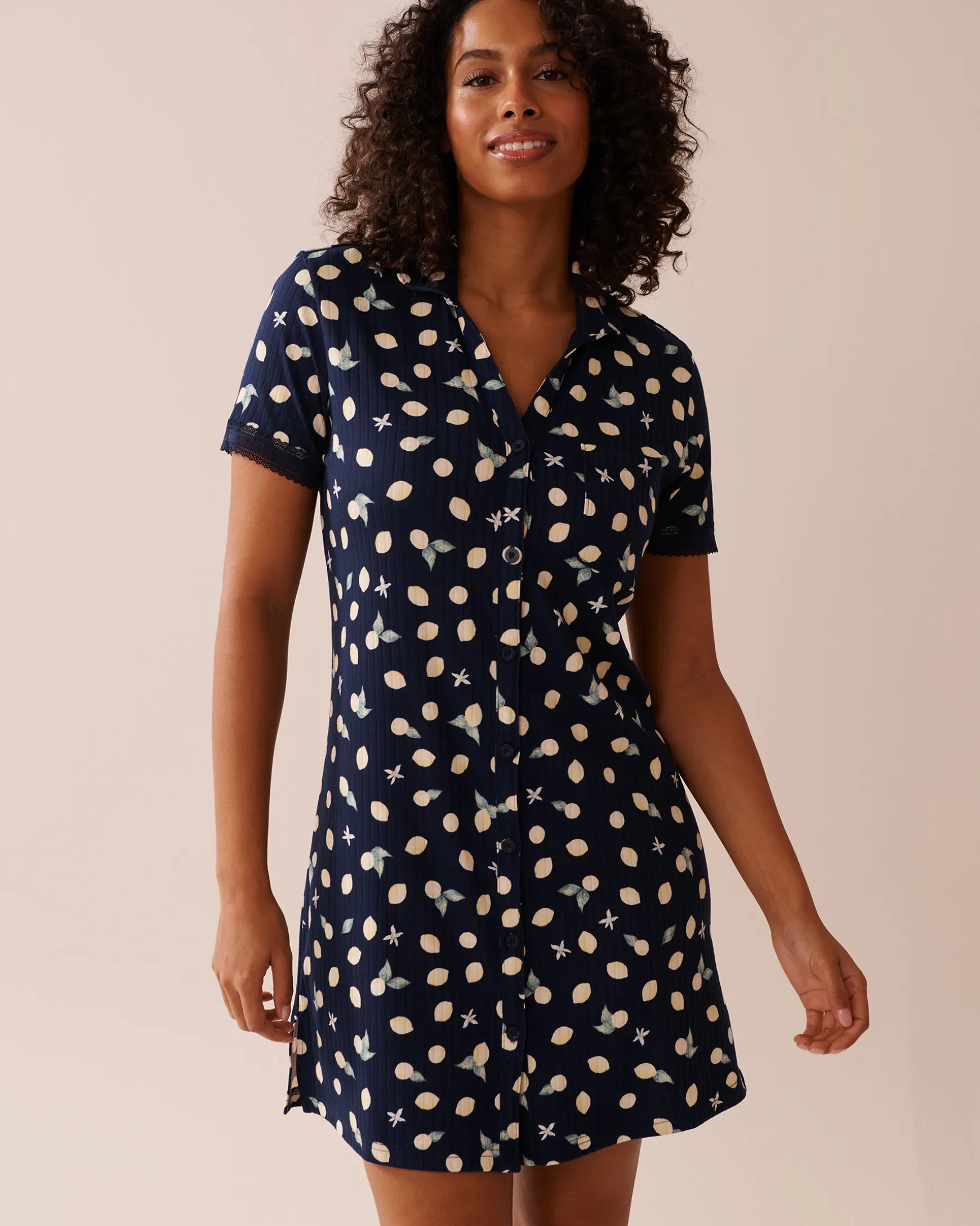 Lemon Print Lace Trim Ribbed Jersey Sleepshirt