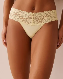 Microfiber and Wide Lace Band Thong Panty