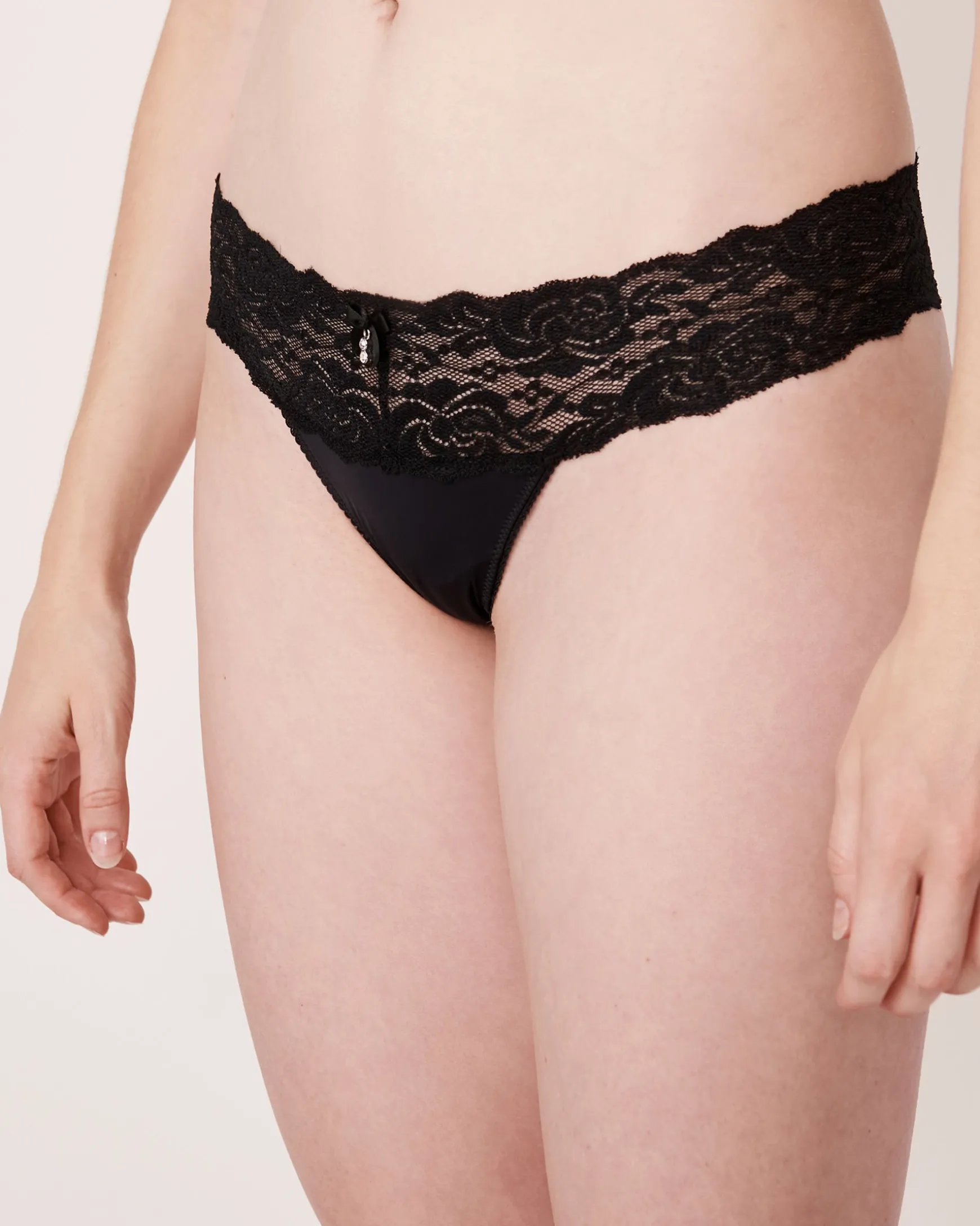 Microfiber and Wide Lace Band Thong Panty