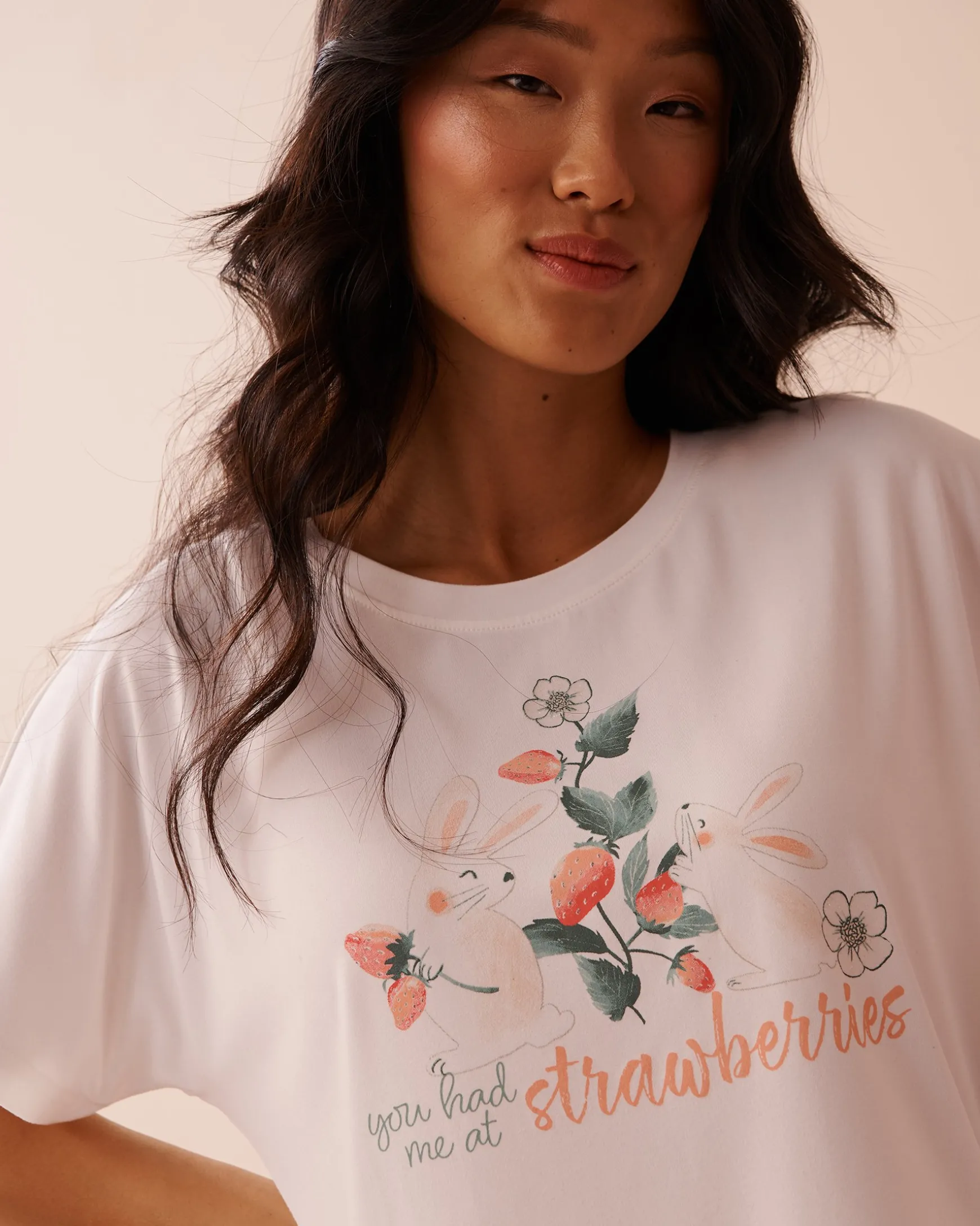 Rabbit & Strawberry Print Super Soft Loose Fit T-shirt