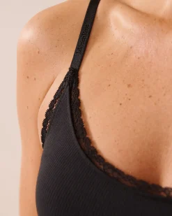 Ribbed Modal and Lace Trim Bodysuit with Shelf Bra
