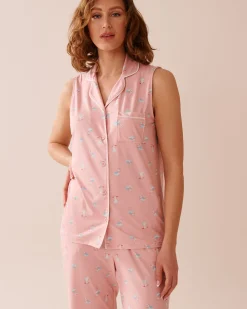 Seagull Print Super Soft Sleeveless Button-down Shirt