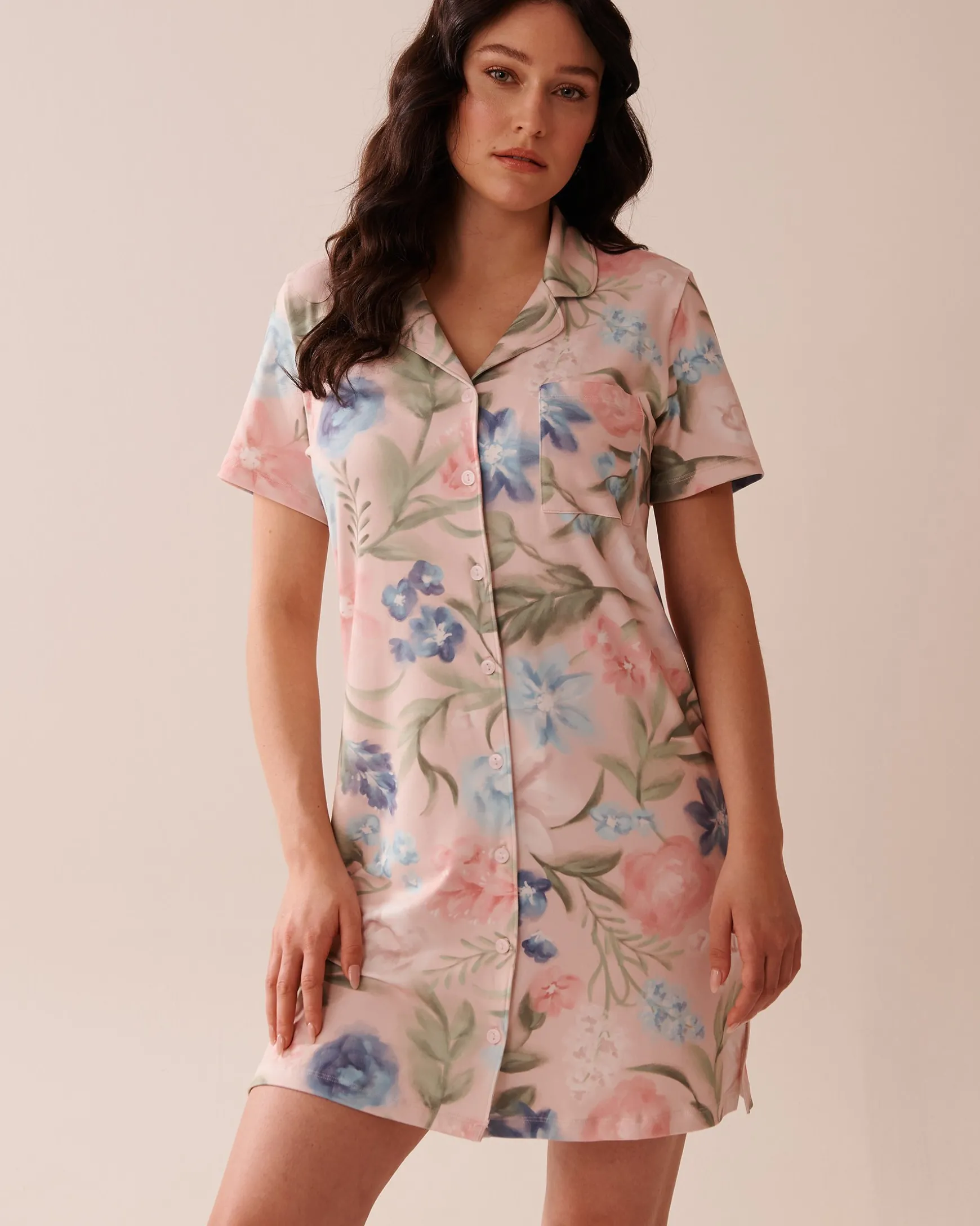 Watercolor Flower Print Super Soft Button-down Sleepshirt